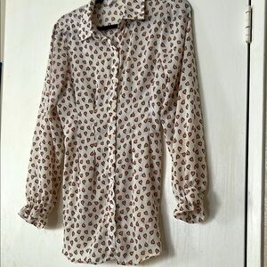 Casual White and Brown Button Down Shirt with Heart Pattern